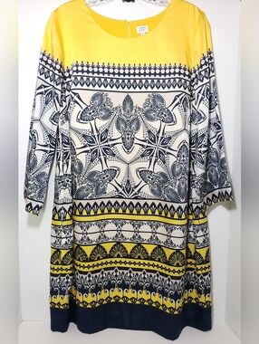 NWT Crown & Ivy Bright Yellow 3/4 Sleeve Dress with Navy Graphic Border Size 12